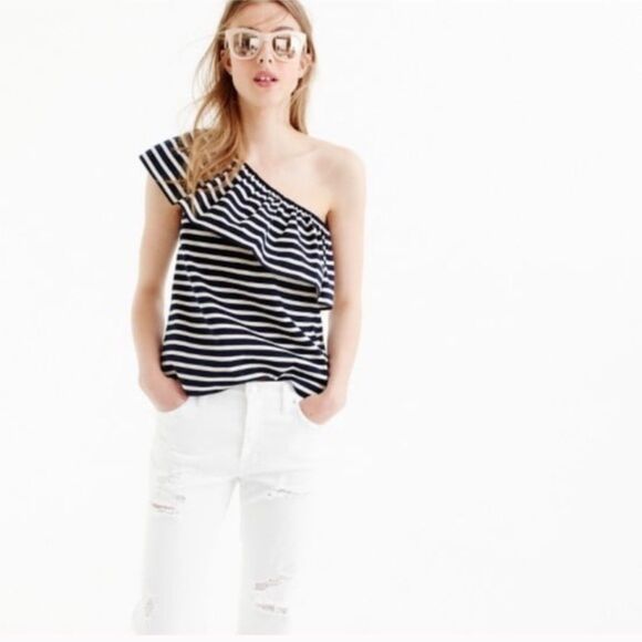 J.Crew One-Shoulder Ruffle Top | Black White Stripes | Women’s XS EUC - Picture 2 of 8